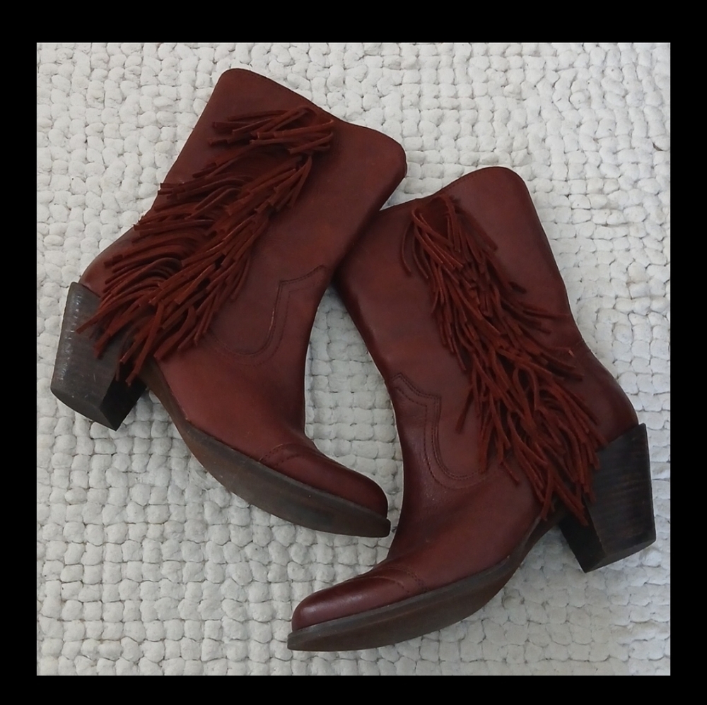 Cognac Brown Leather Fringed Mid Calf Cowboy / Line Dancing Boot Sz 7.5 - Picture 5 of 9